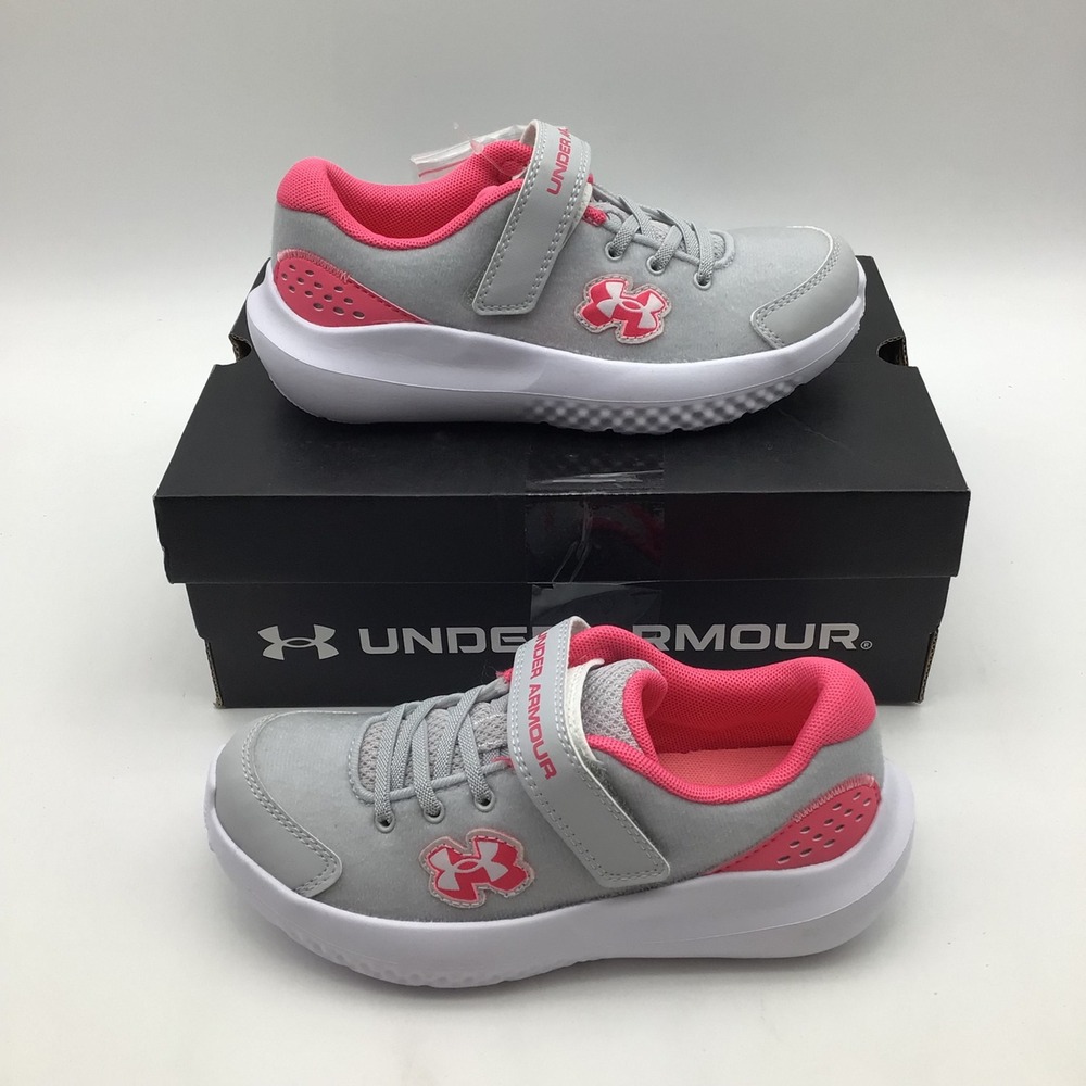 Under Armour Girls GPS Surge 4 AC Patches Grey Pink Sneakers 6008983 Size 1Y NEW